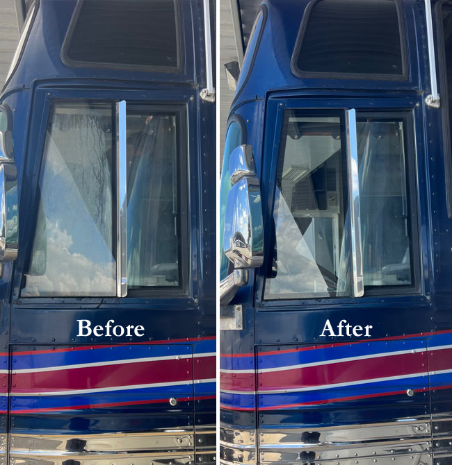 Before and After images of an RV window. Before: Fogged RV glass. After: Non-fogged RV window repaired by RV Specialty Care of Lakeland, Florida