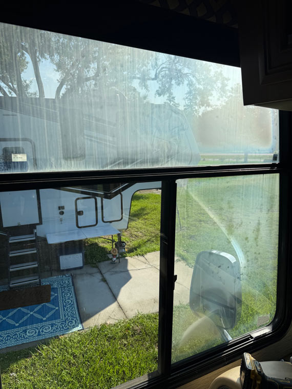 Example of foggy camper windows in need of repair near Lakeland, Florida