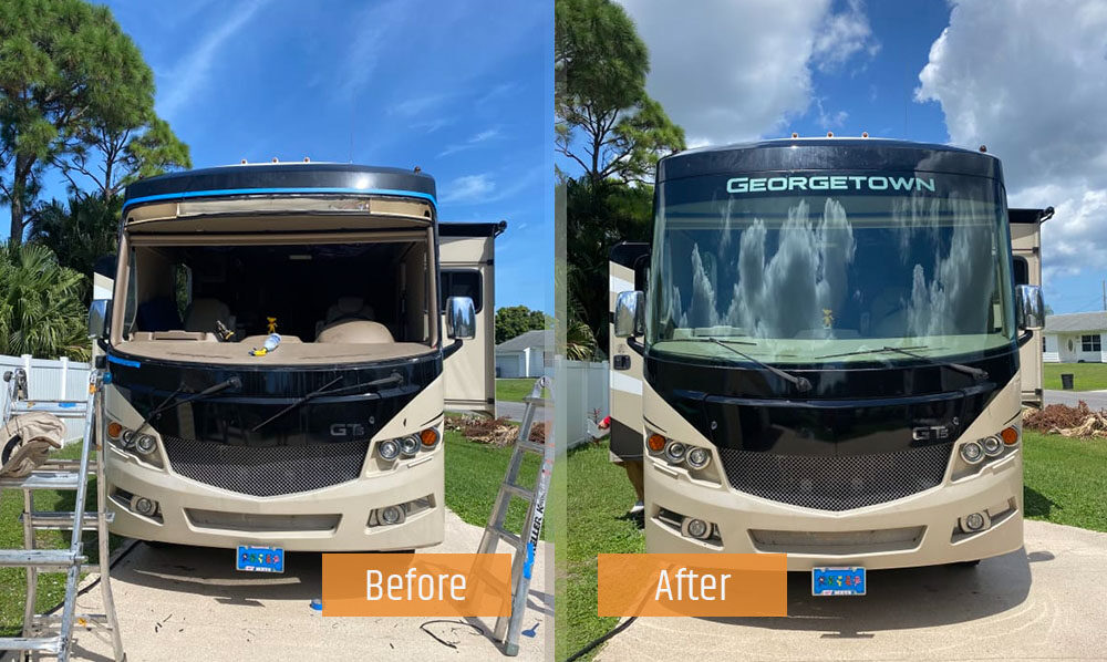 Goergetown Class A RV front windshield replacement
